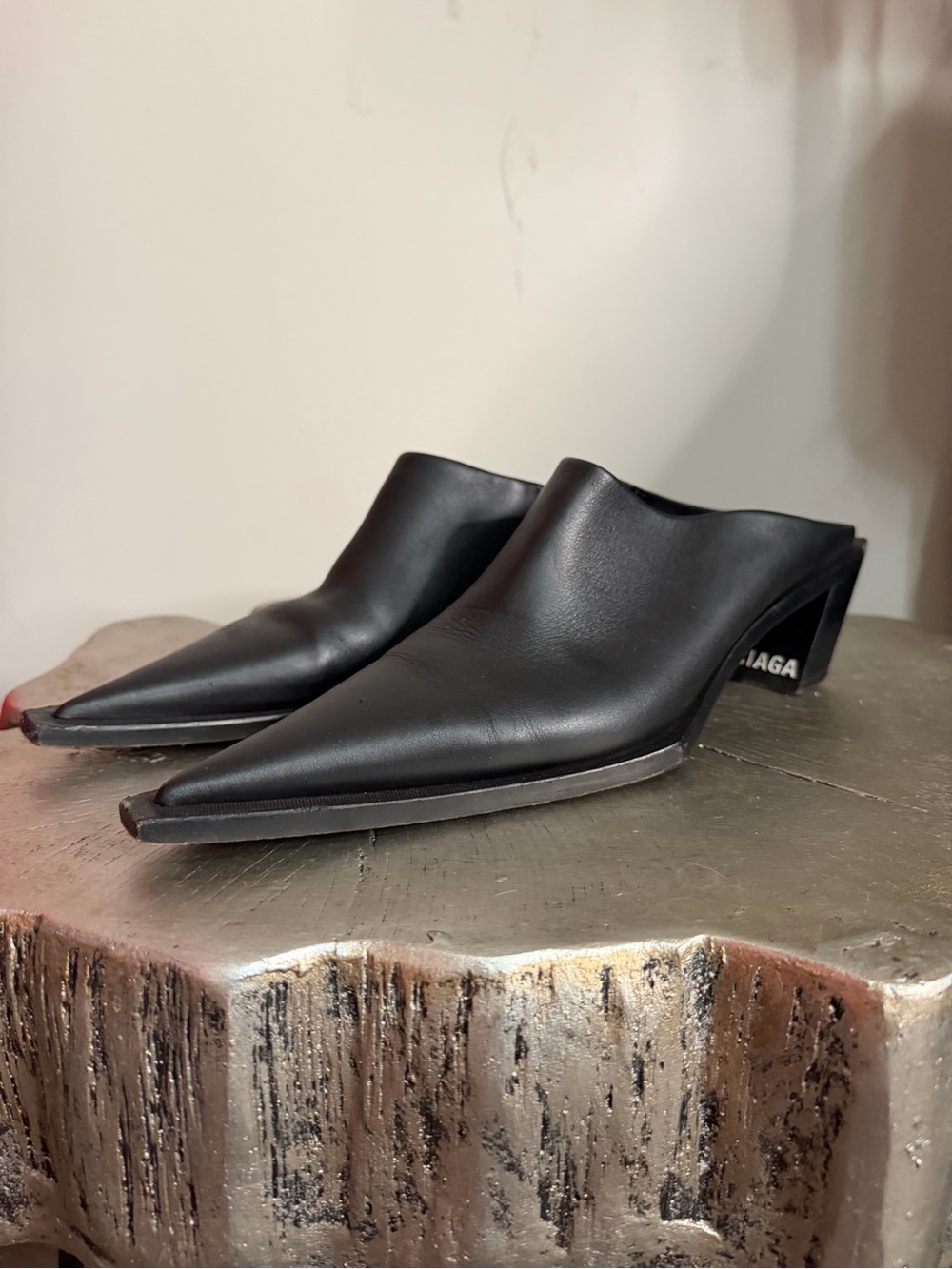 Balenciaga Black Pointed Leather Mule Pumps